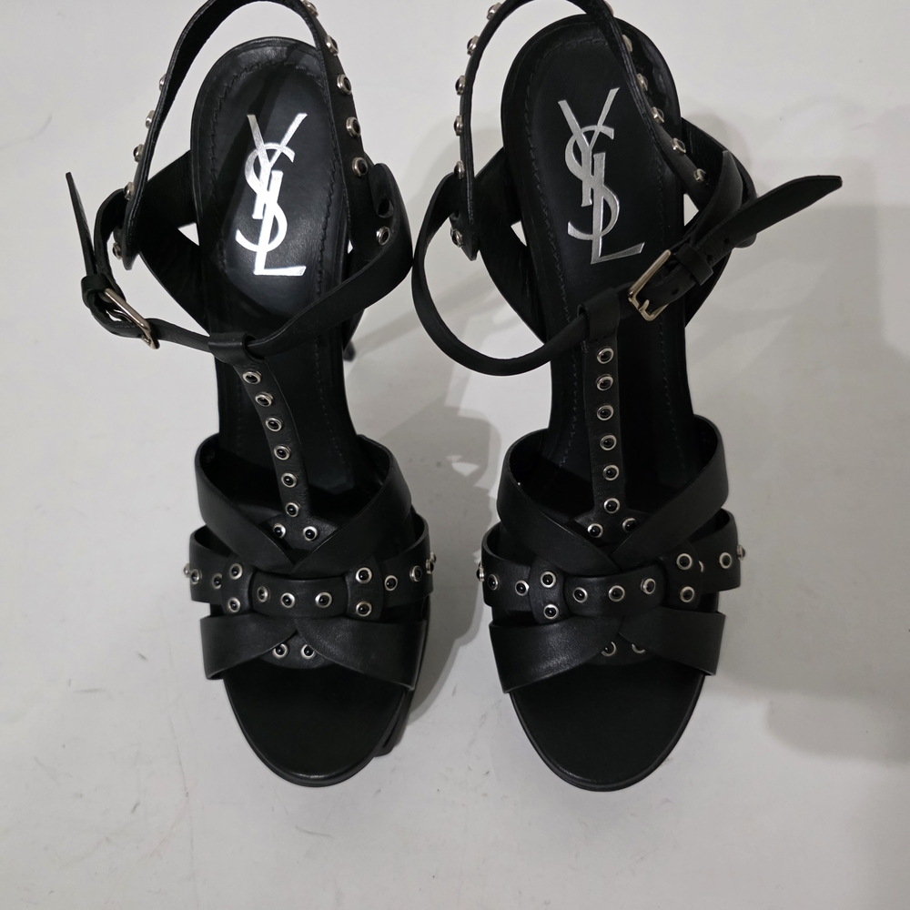 Saint Laurent Tribute Black Studded Strappy Platform Heels Women’s Size 40 - Picture 5 of 9